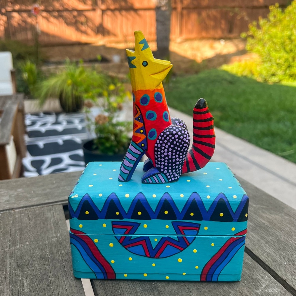 Mexican Folk Art Alebrije Coyote Hand Painted Wood Carved Trinket Box